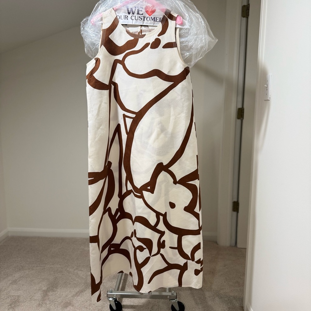 VGUC Lafayette 148 Elegant Brown and Cream Women's Linen Dress. 34”B 45”L